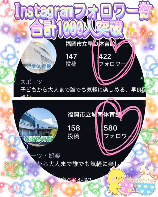 🎉
【㊗Instagramフォロワー1000人✨】

いつもご覧いただきありがとうございます。
城南体育館＆早良体育館のInstagramフォロワーが合計1,000人を突破いたしました！

これからも皆様のお役に立つ情報発信をたくさんしていきます💪
どうぞよろしくお願いいたします😊

◆問い合わせ先◆

〒814-0104　
福岡市城南区別府６丁目１４番２２号
福岡市立城南体育館
TEL：092-851-0303

#城南体育館 #詳しくはHPにて #スポーツ #スポーツ教室 #城南区 #福岡市 #福岡スポーツNEXTパートナーズ